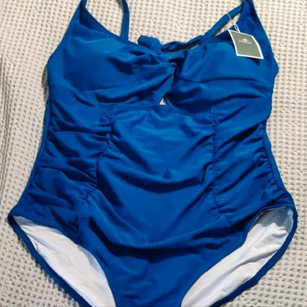 Sculpting Blue One-Piece Swimsuit with Front Knot